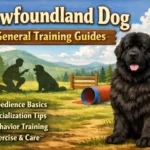 Newfoundland dog training with a calm, large Newfoundland following basic obedience cues