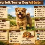 Norfolk Terrier dog sitting indoors, showing its small size, wiry coat, alert expression, and friendly terrier personality