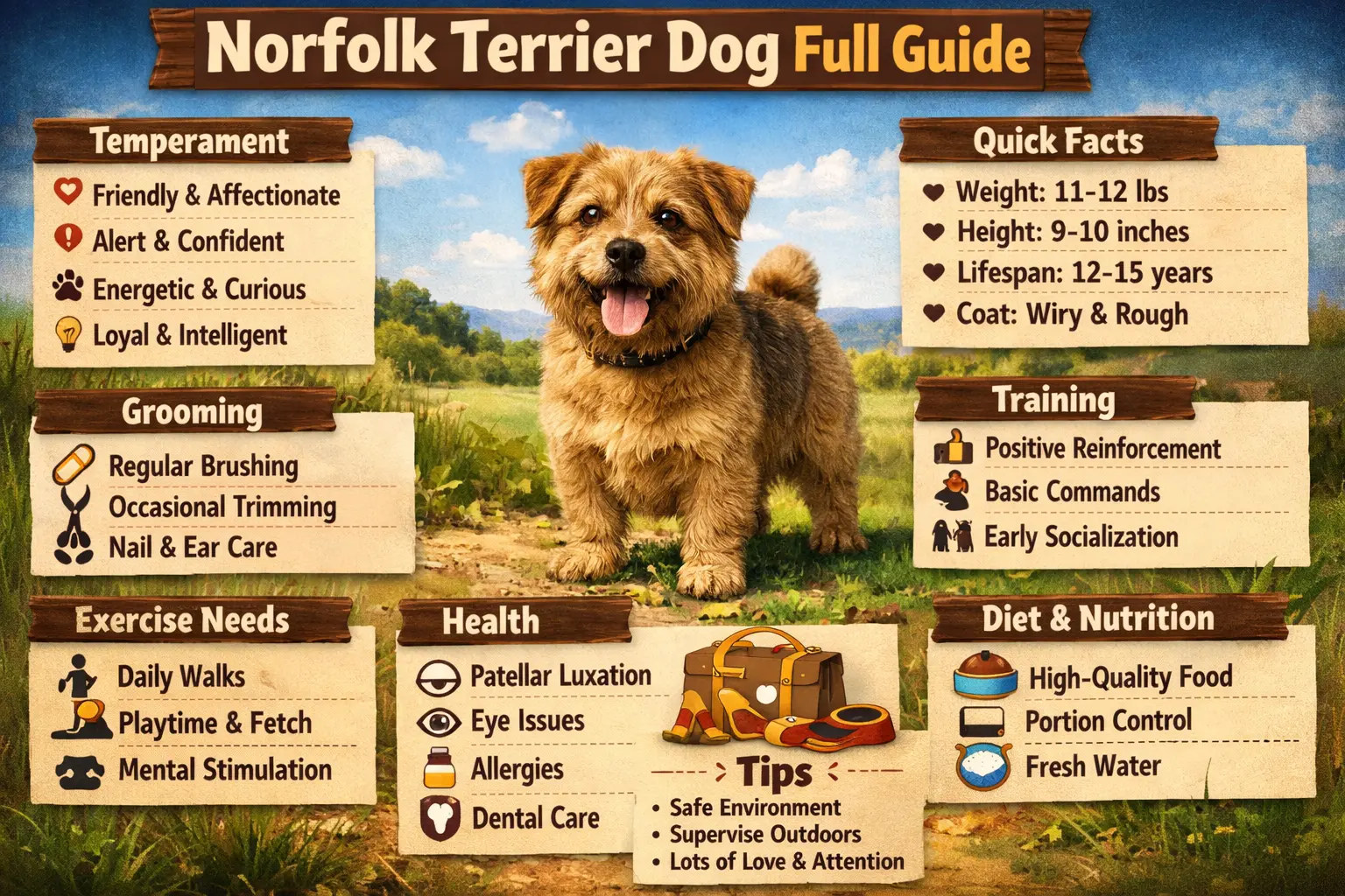 Norfolk Terrier dog sitting indoors, showing its small size, wiry coat, alert expression, and friendly terrier personality