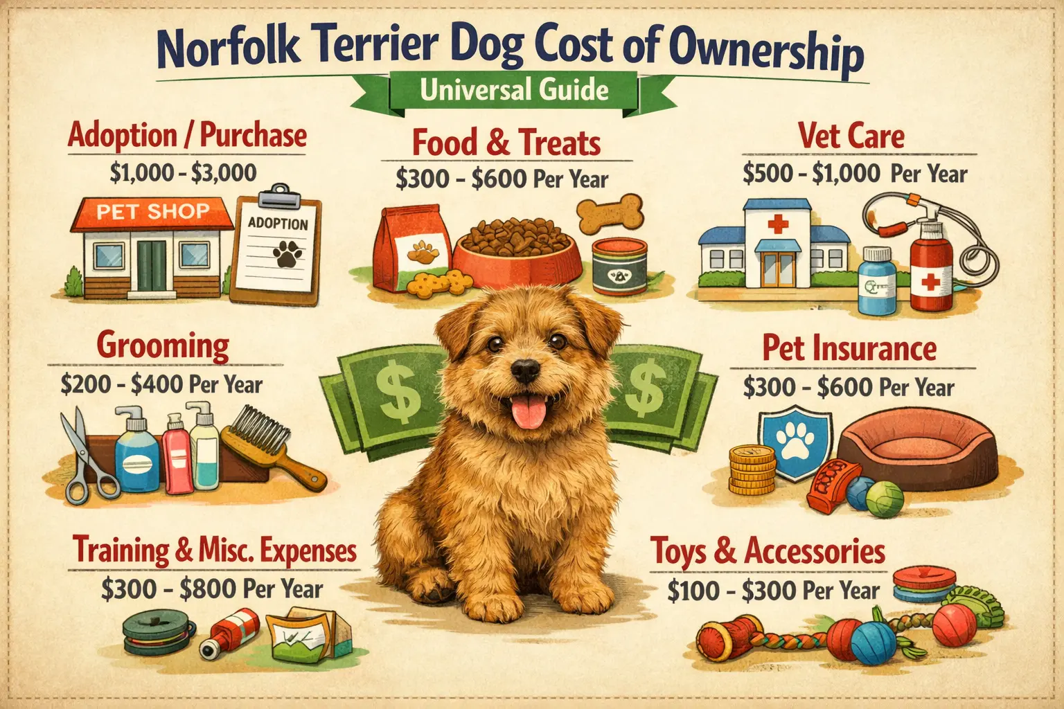 Adult Norfolk Terrier indoors representing puppy price, monthly care costs, and lifetime ownership expenses