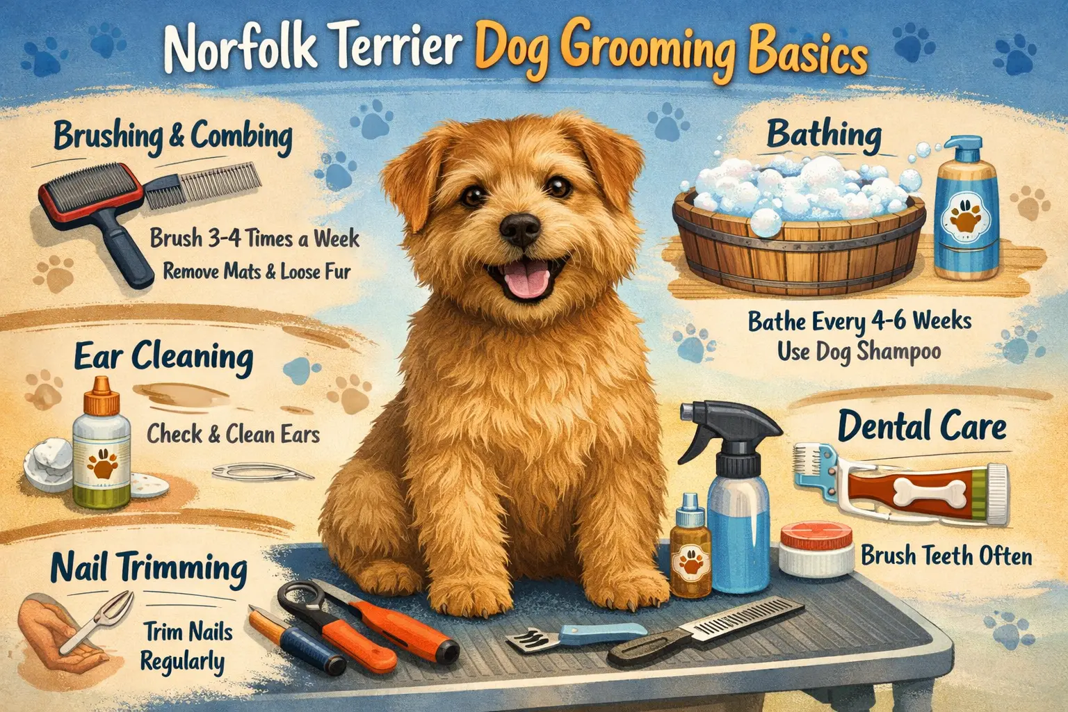Norfolk Terrier with a wiry coat being brushed during grooming
