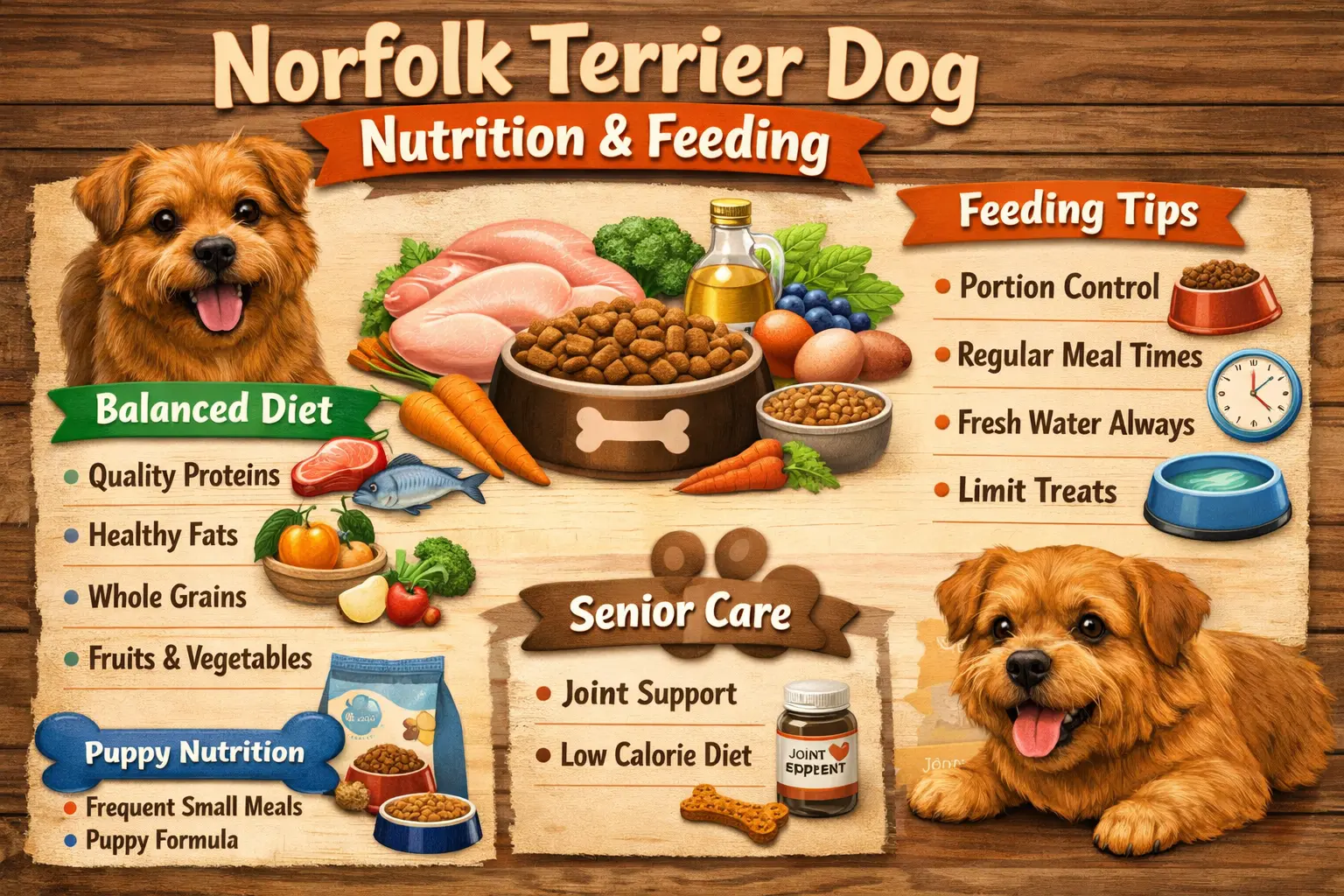 Healthy Norfolk Terrier showing ideal body condition for a balanced feeding guide, food amounts, and nutrition tips