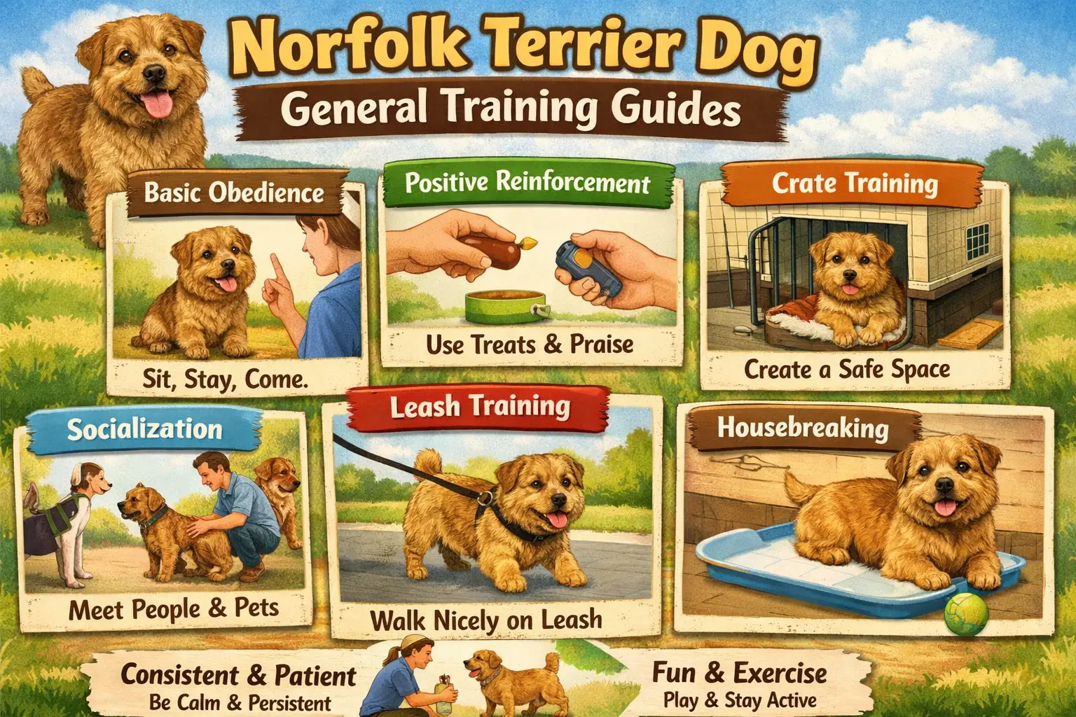 Norfolk Terrier practicing obedience training with its owner