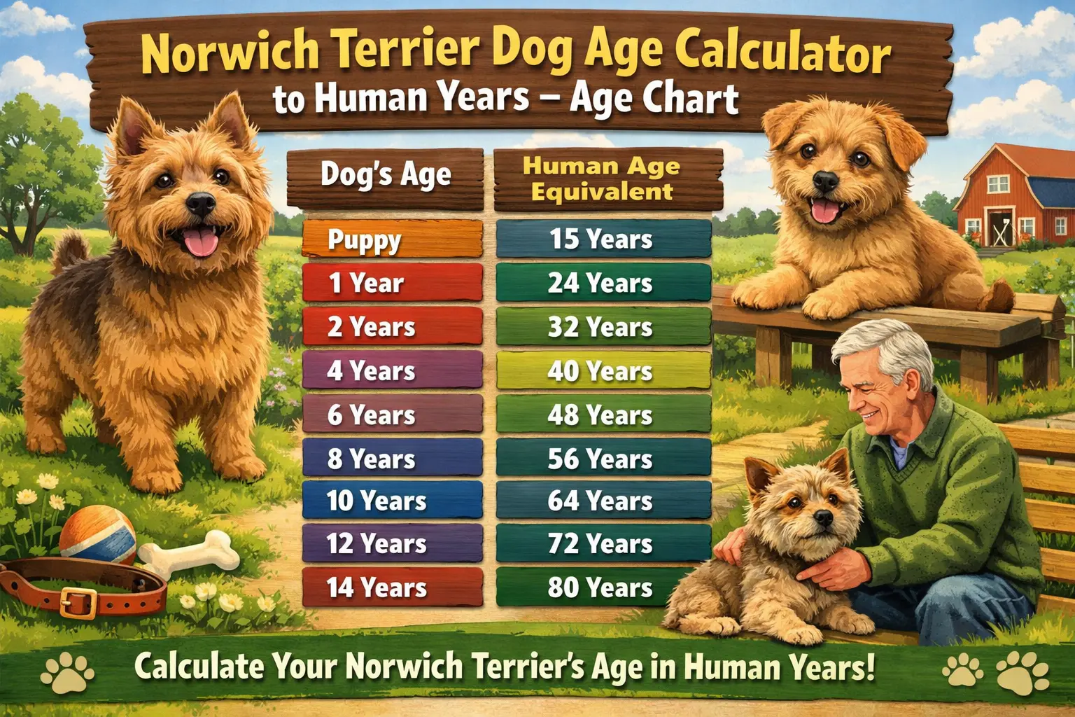 Norwich Terrier age chart showing dog years to human years conversion