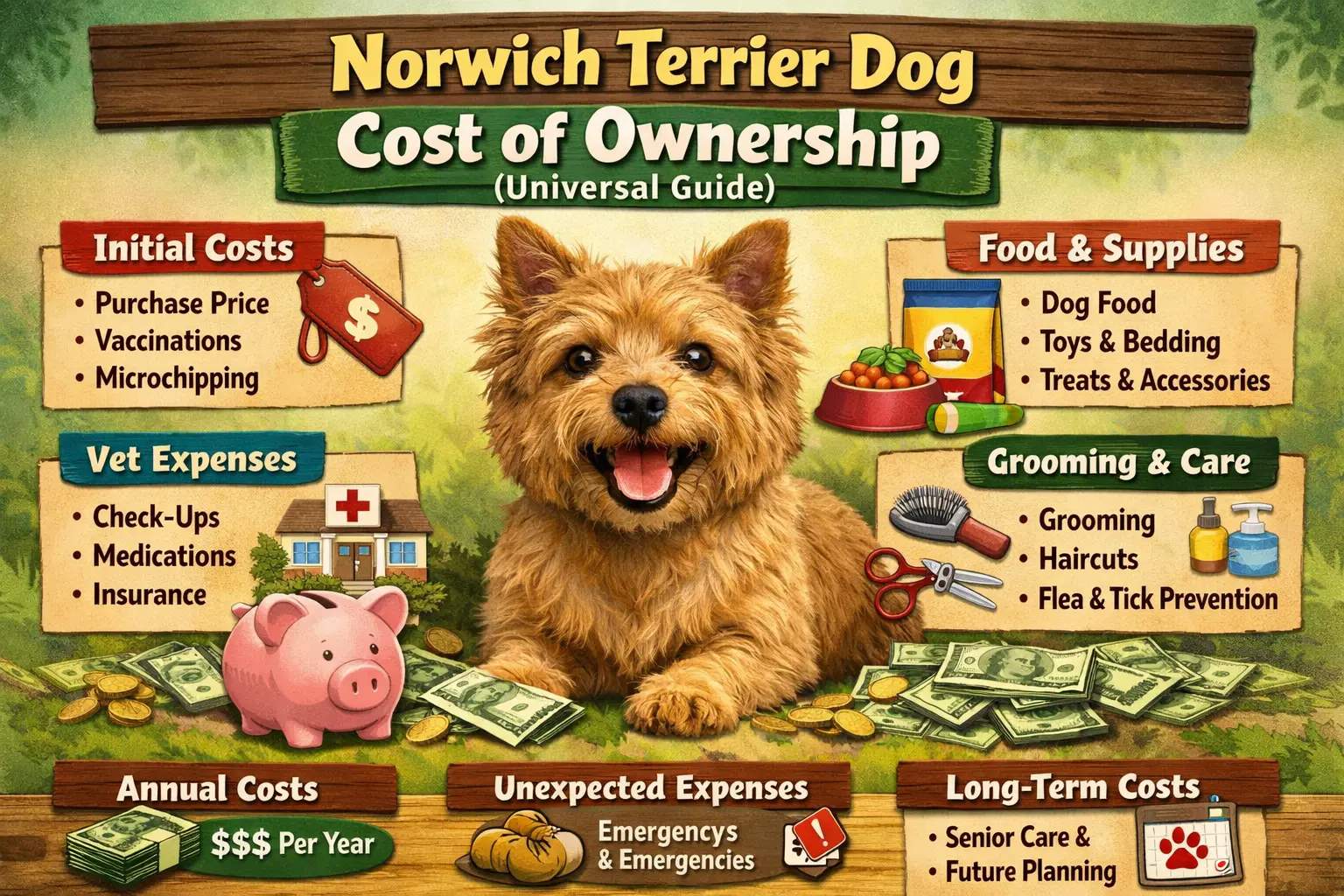 Norwich Terrier standing on grass, representing puppy price, monthly expenses, and lifetime ownership costs