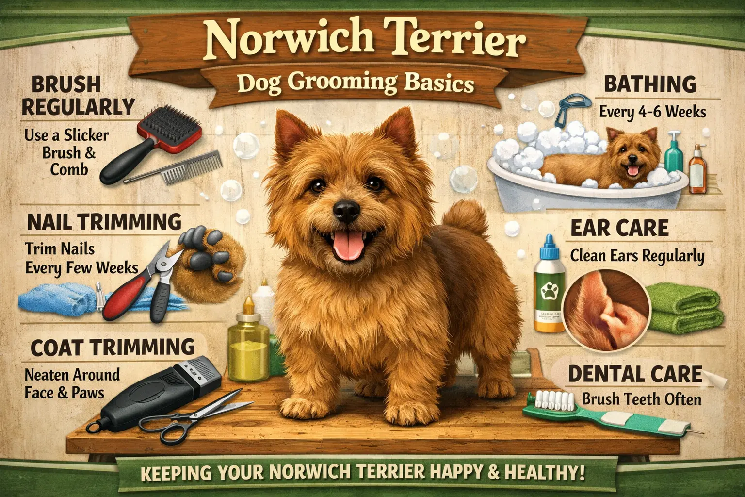 Norwich Terrier being groomed at home with brushing and coat care for a healthy wiry coat
