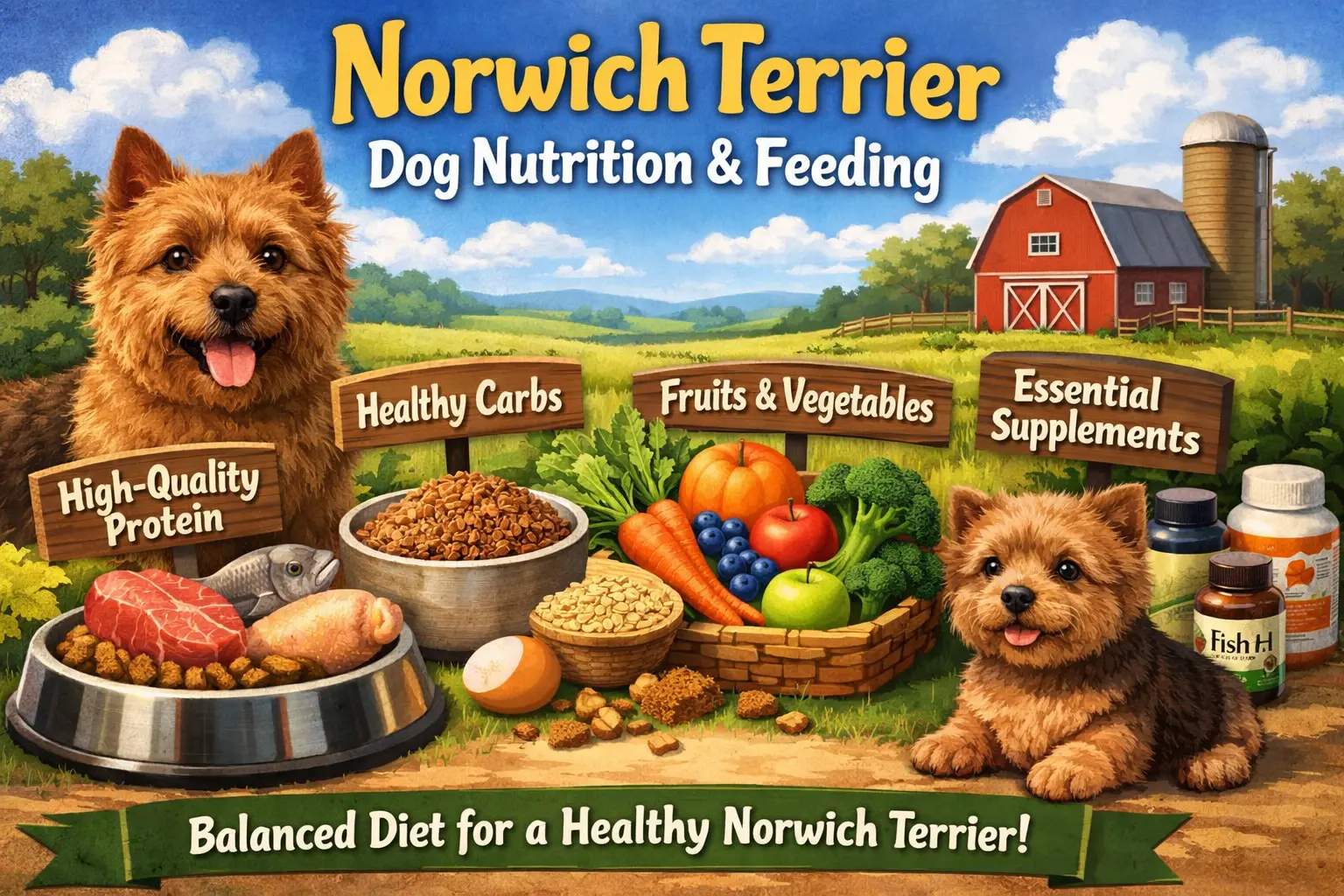 Norwich Terrier eating healthy dog food from a bowl