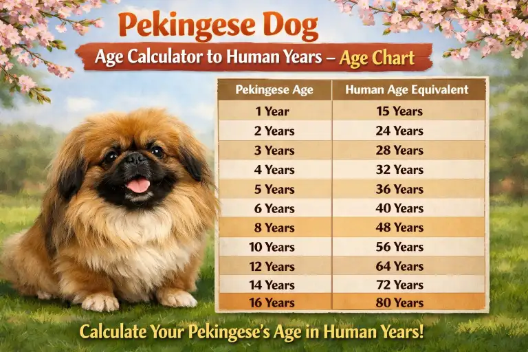 Pekingese age chart showing dog years to human years for each life stage