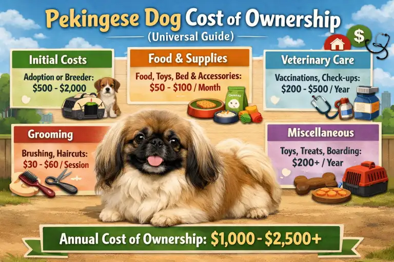 Pekingese dog cost of ownership including purchase price, grooming, insurance, veterinary care, and lifetime expenses