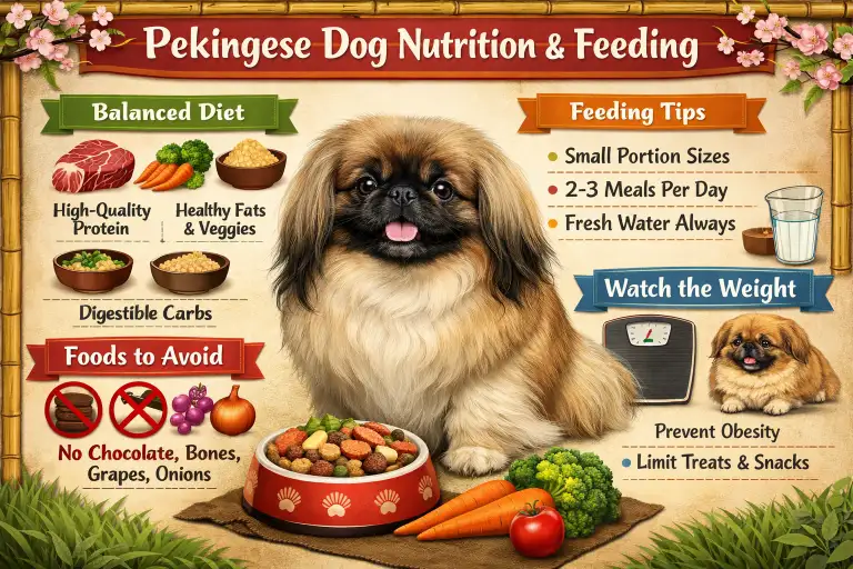 Pekingese diet guide showing recommended food portions, feeding schedule, and nutrition needs