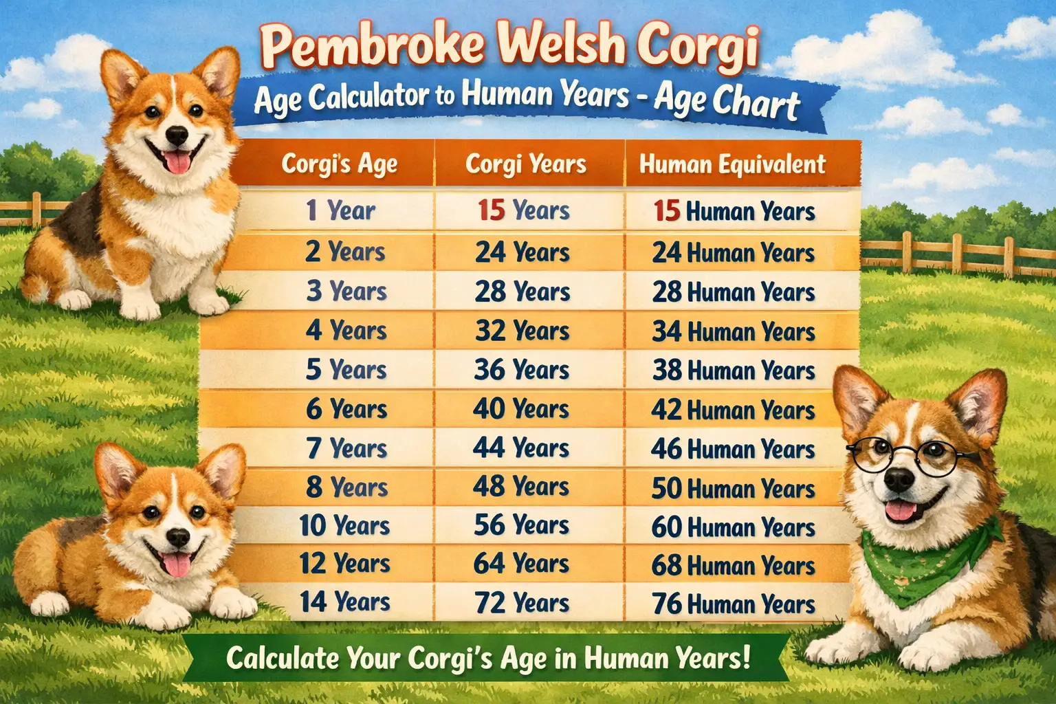 Pembroke Welsh Corgi age chart showing dog years to human years and life stages