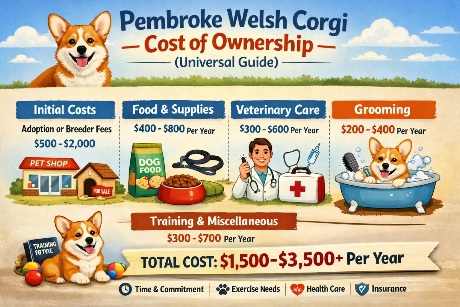 Pembroke Welsh Corgi standing on grass, representing the costs of owning and caring for a Corgi