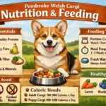 Pembroke Welsh Corgi eating measured dog food for a feeding chart by age and weight