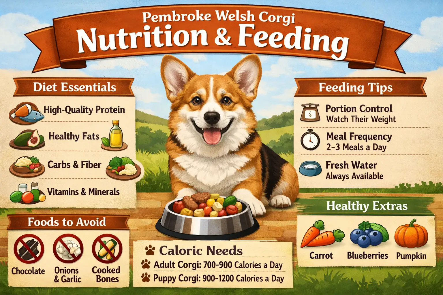 Pembroke Welsh Corgi eating measured dog food for a feeding chart by age and weight