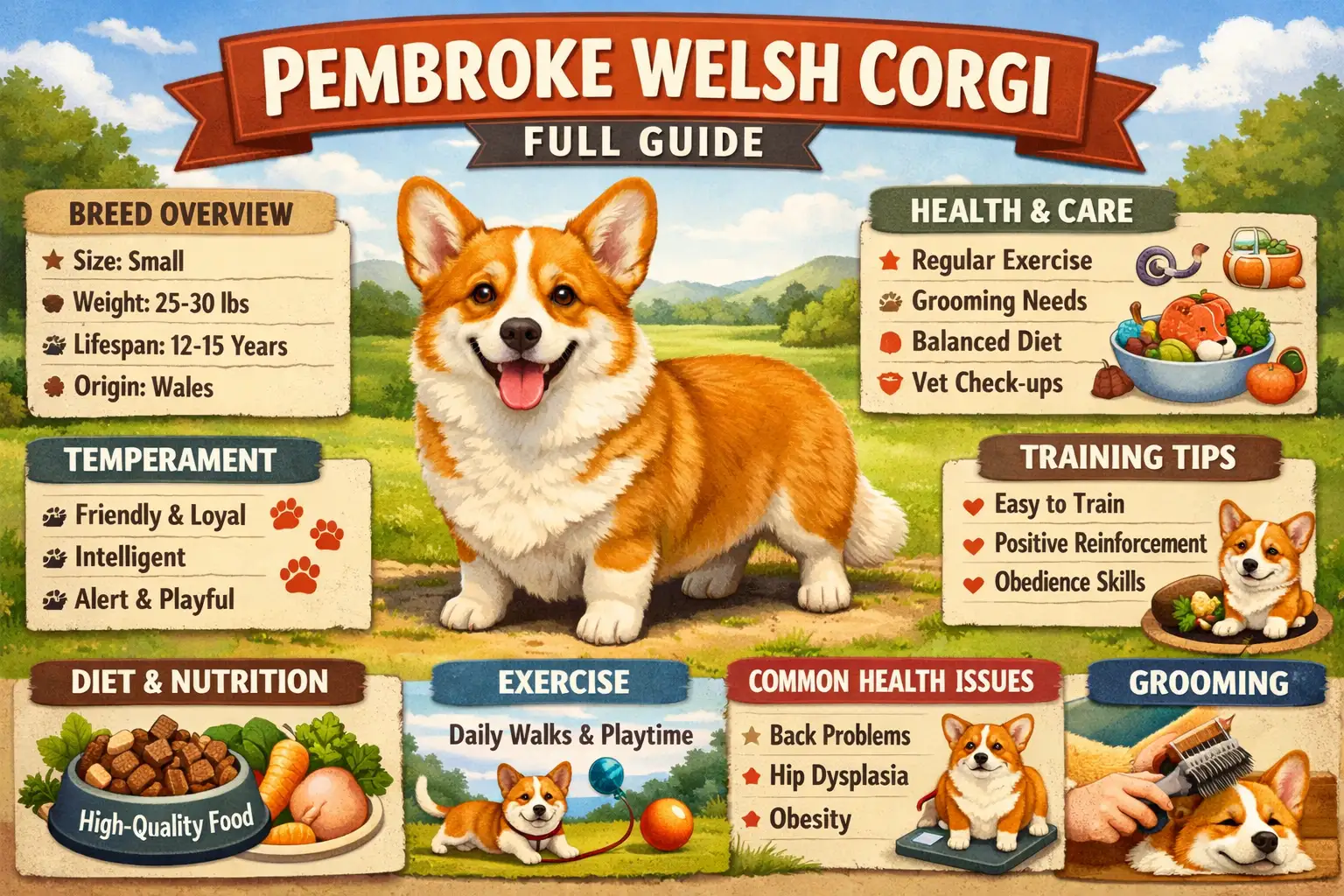 Adult Pembroke Welsh Corgi standing alert on grass, showing the breed’s short legs, upright ears, and red and white coat