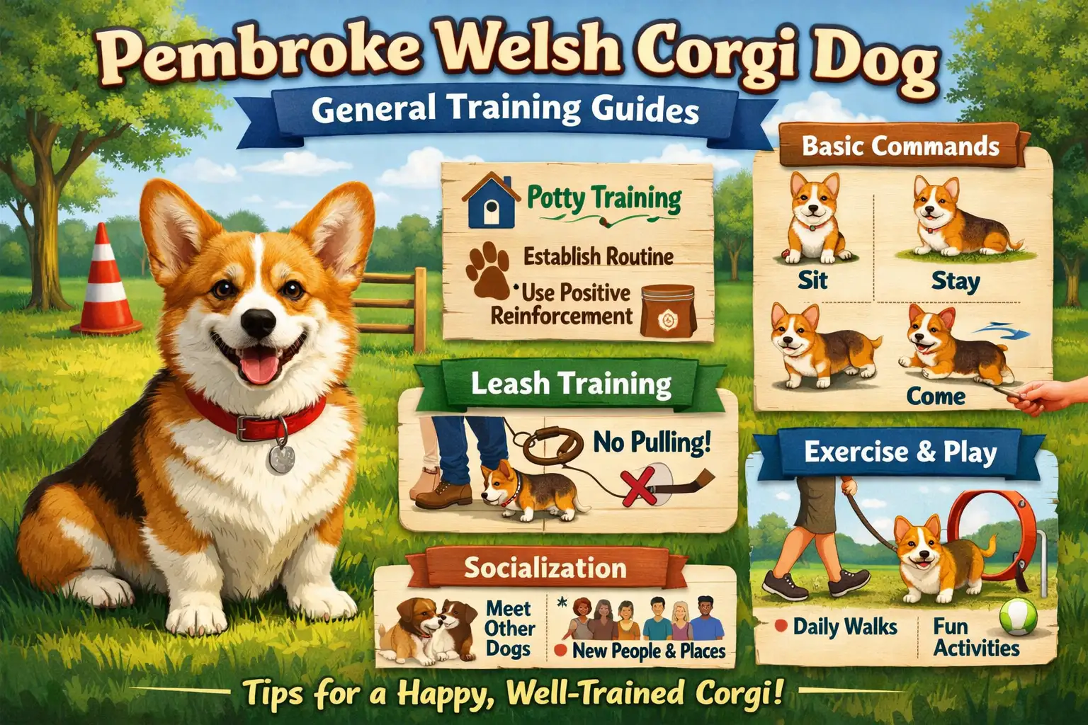 Pembroke Welsh Corgi learning obedience training with an owner during a short outdoor session