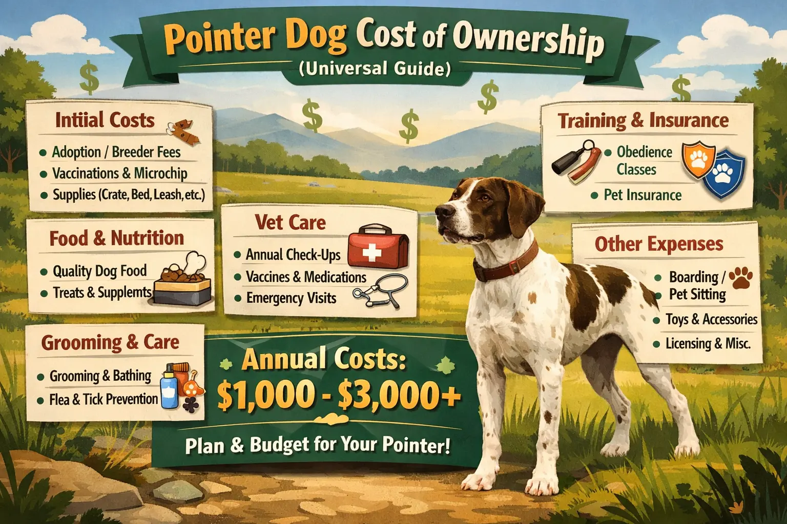 Adult Pointer dog standing alert outdoors, showing its short coat, athletic build, and energetic posture