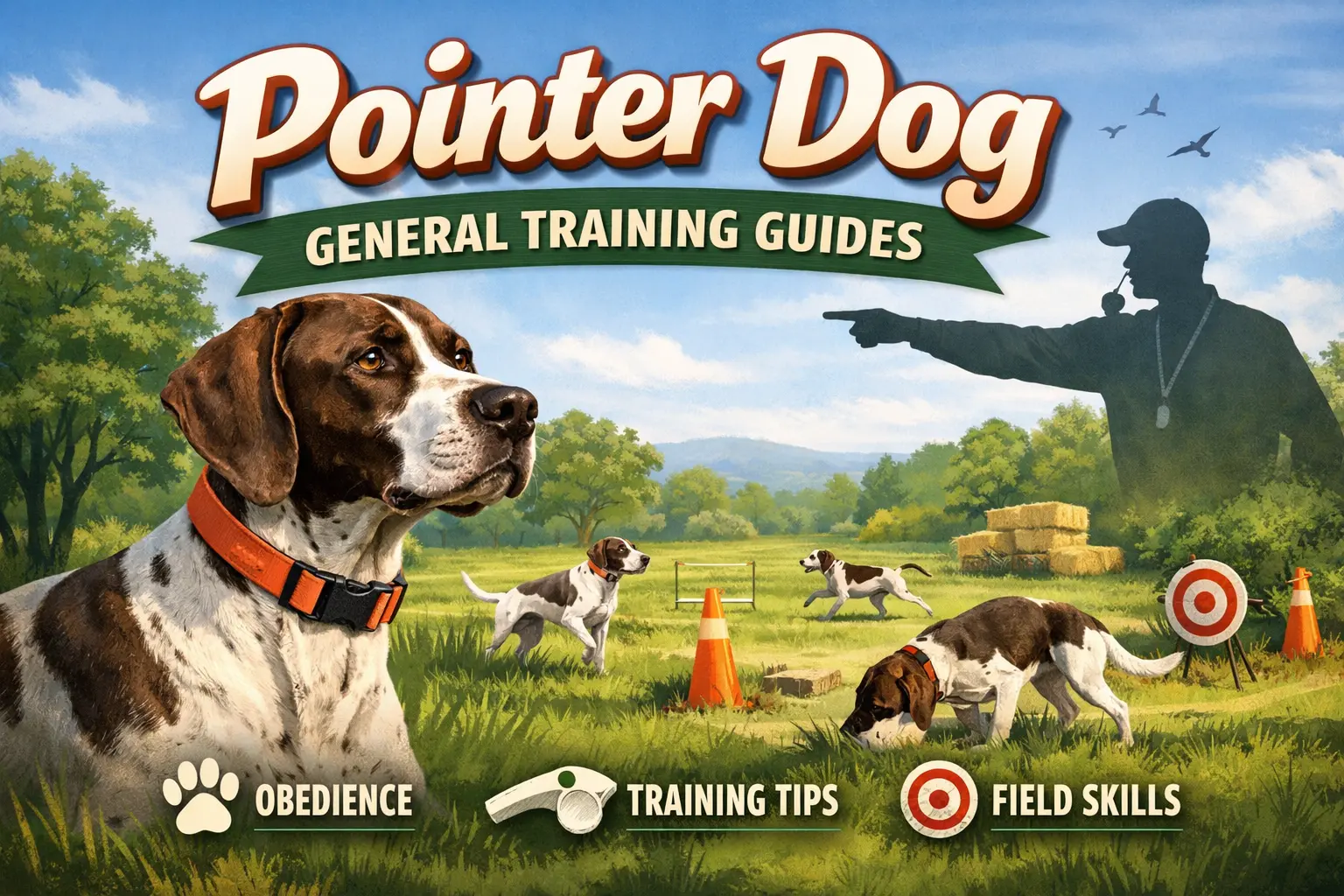 Adult Pointer dog practicing recall during a training session outdoors