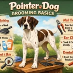Adult Pointer dog being groomed at home, showing short sleek coat and brushing tools