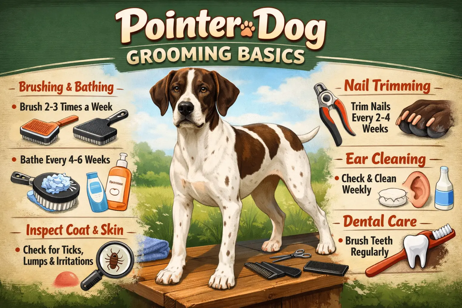 Adult Pointer dog being groomed at home, showing short sleek coat and brushing tools