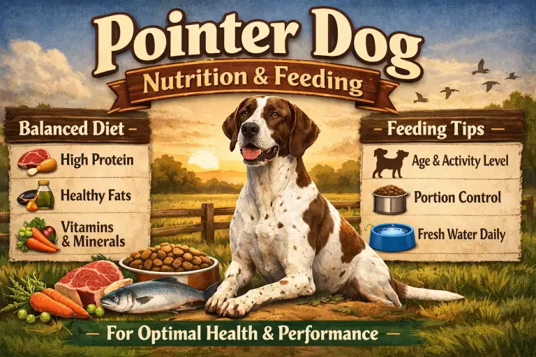 Adult Pointer dog eating a balanced meal to support energy and lean muscle