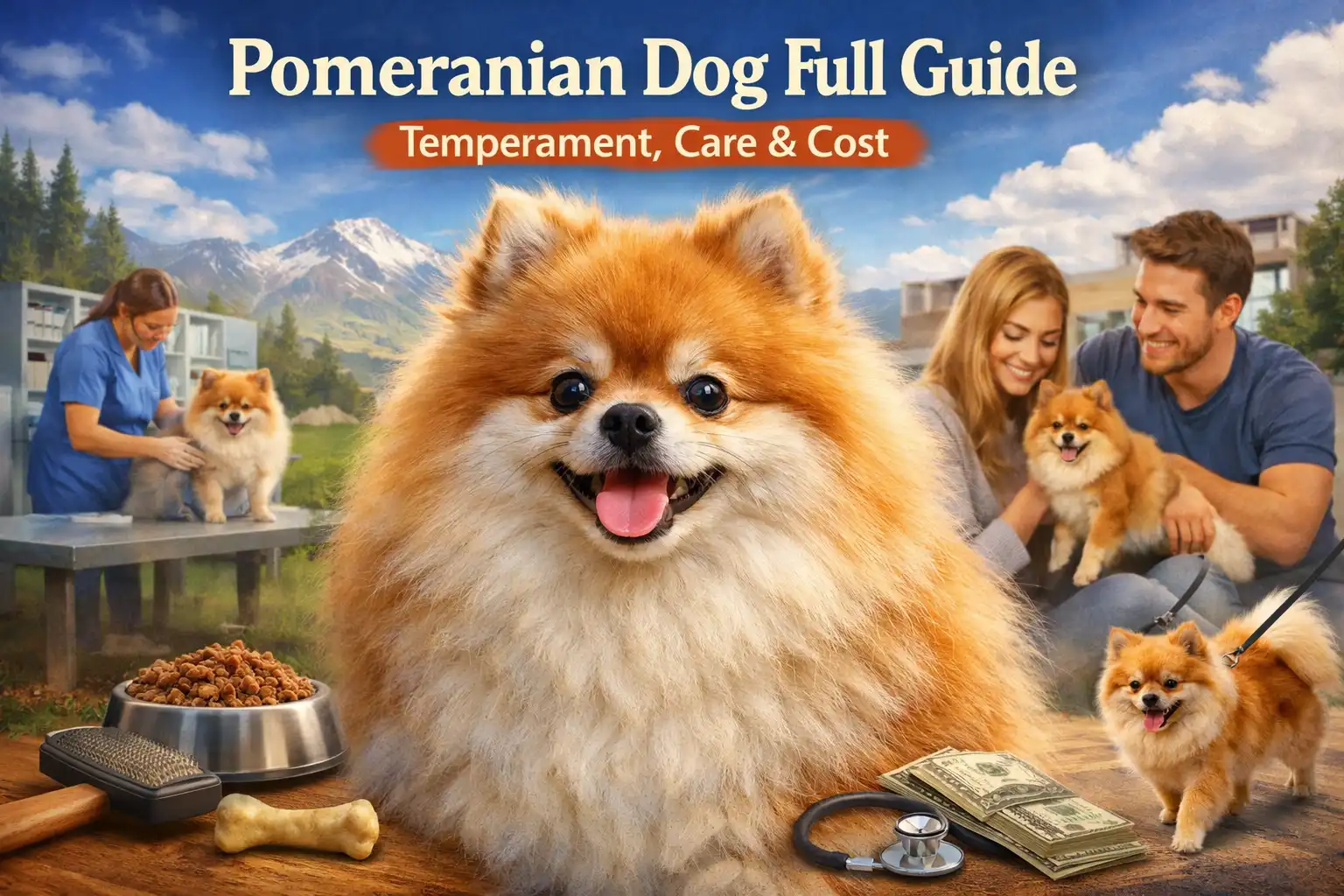 Pomeranian dog with fluffy double coat and fox-like face sitting indoors