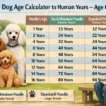 Poodle age chart in human years for Toy, Miniature, and Standard Poodles showing age equivalents and life stages