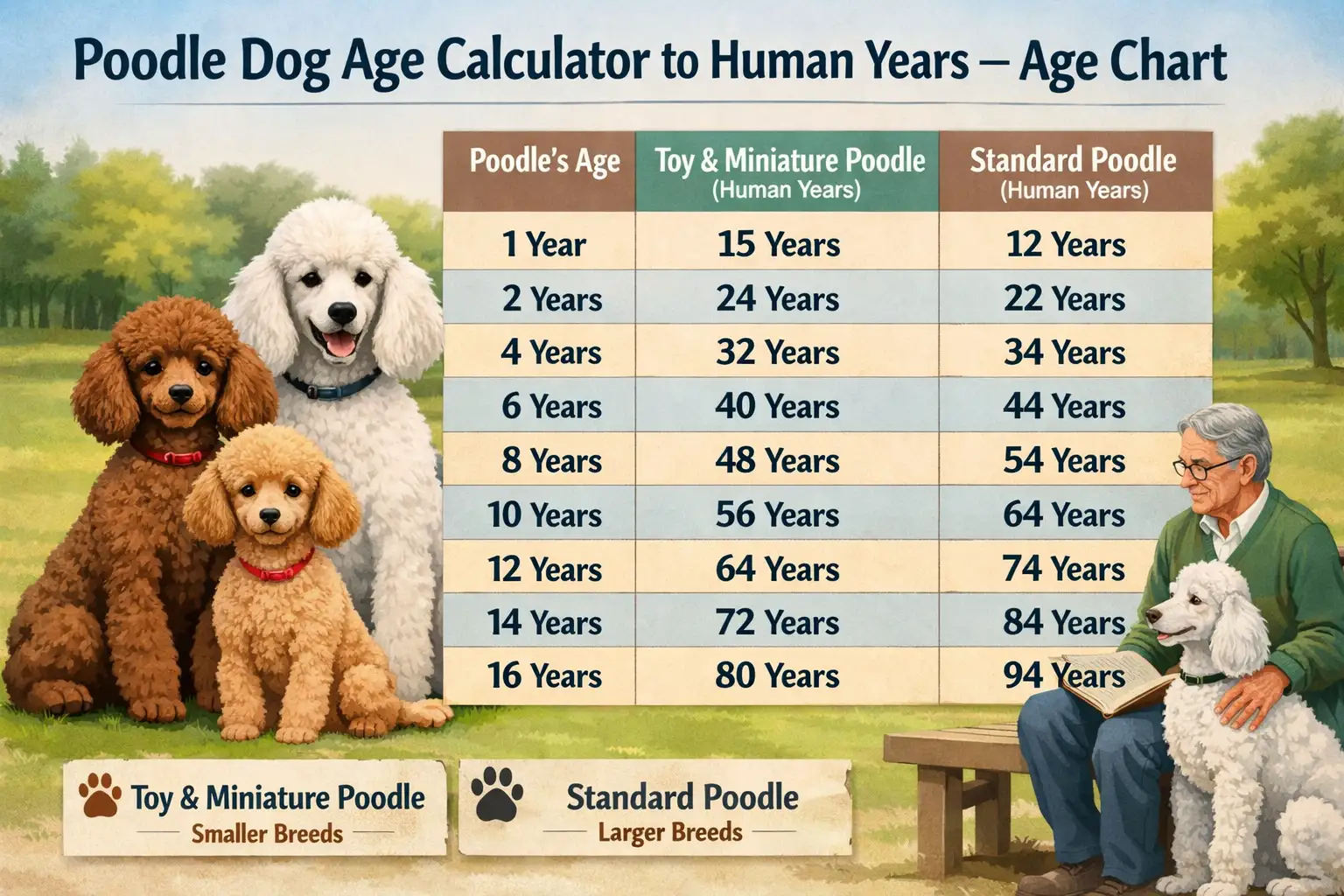 Poodle age chart in human years for Toy, Miniature, and Standard Poodles showing age equivalents and life stages