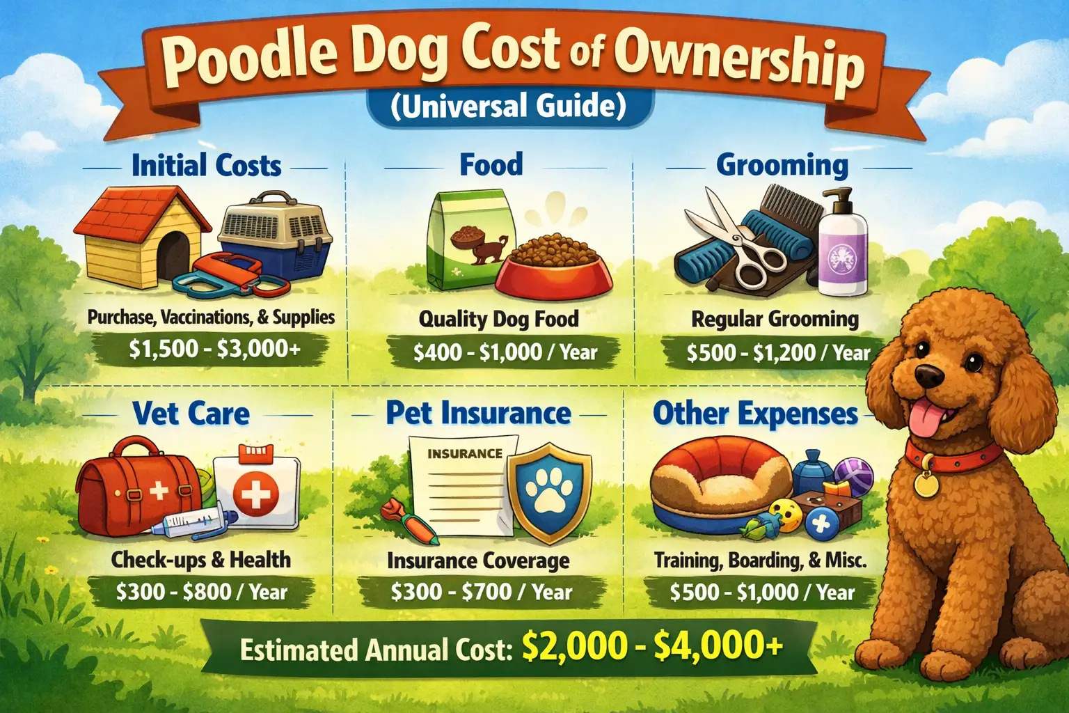 Poodle ownership costs including grooming, food, veterinary care, monthly expenses, and lifetime ownership costs