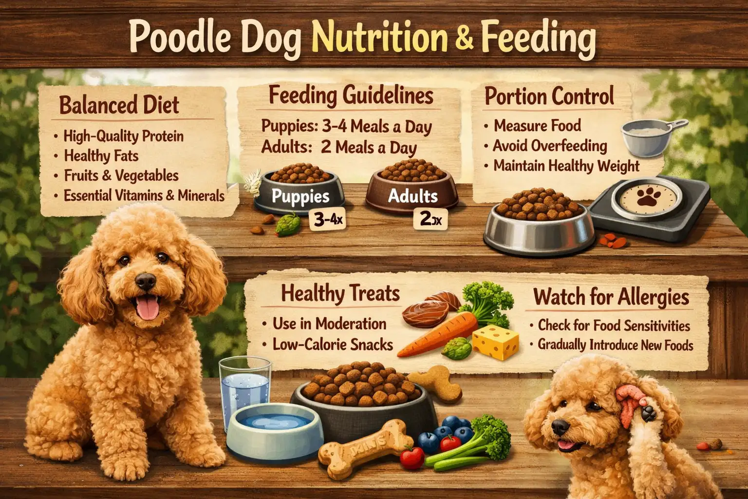 poodle dog nutrition guide showing a healthy poodle eating balanced dog food