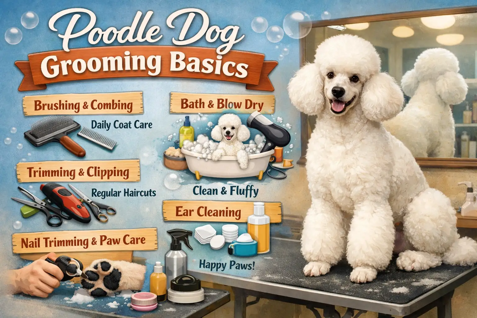 Poodle grooming for beginners showing a Poodle being brushed during a home grooming routine to prevent mats and maintain coat health