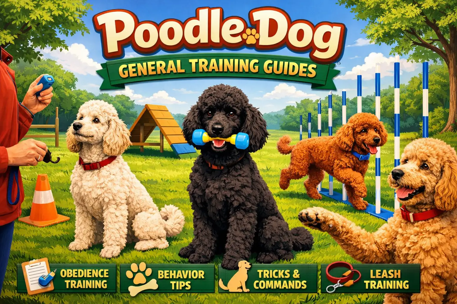 owner practicing poodle training with a puppy using positive reinforcement and basic obedience commands