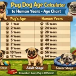 Pug age chart showing Pug years converted to human years by life stage