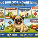 Pug sitting indoors with food bowls, toys, and care items showing the cost of owning a Pug