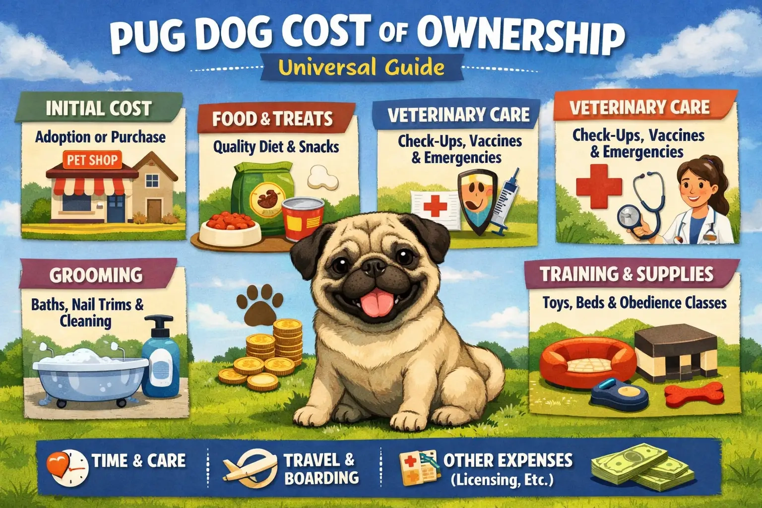 Pug sitting indoors with food bowls, toys, and care items showing the cost of owning a Pug
