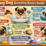 Pug being gently brushed at home as part of a grooming routine for shedding control and wrinkle care