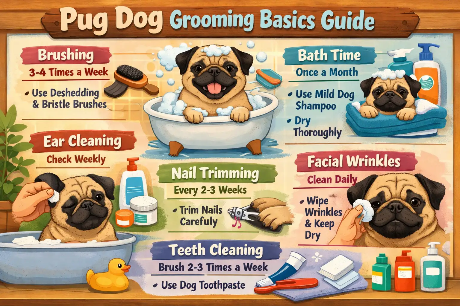 Pug being gently brushed at home as part of a grooming routine for shedding control and wrinkle care