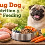 Pug feeding chart by age showing diet portions, daily food amounts, and nutrition guidance for puppies, adults, and senior Pugs