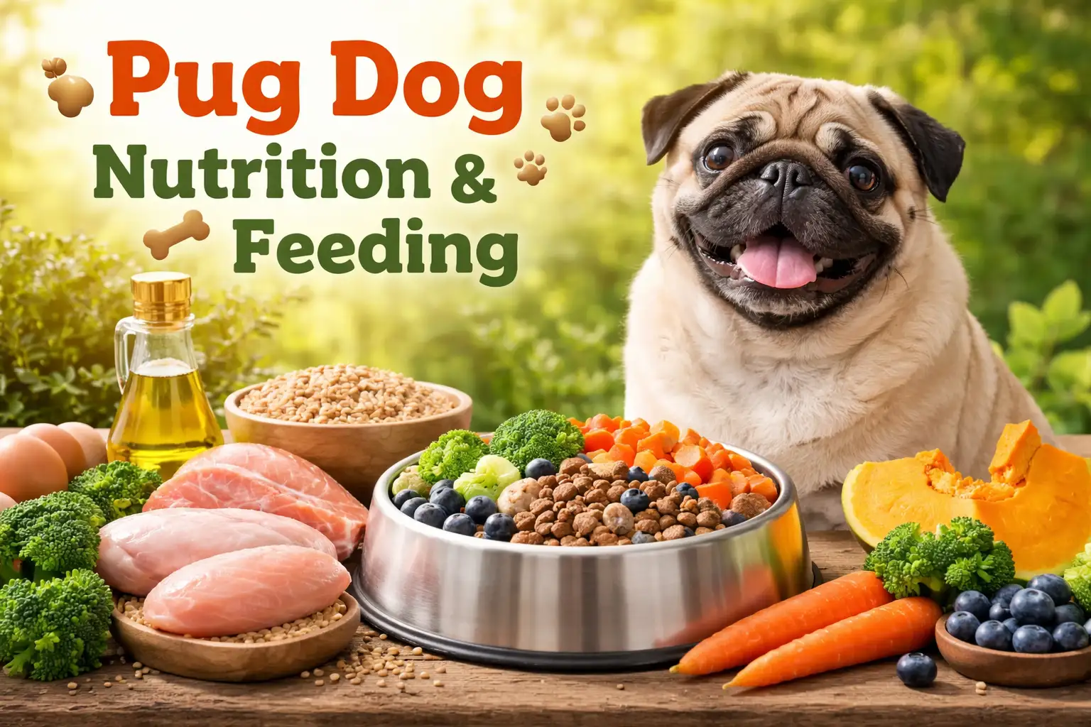 Pug feeding chart by age showing diet portions, daily food amounts, and nutrition guidance for puppies, adults, and senior Pugs