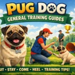 Pug training session with an adult pug sitting calmly and focusing on its owner during obedience practice