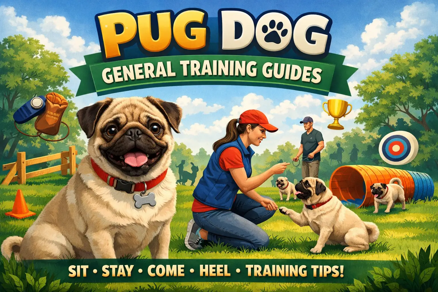 Pug training session with an adult pug sitting calmly and focusing on its owner during obedience practice