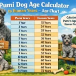 Pumi dog age chart showing Pumi years converted to human years across puppy, adult, mature adult, and senior life stages