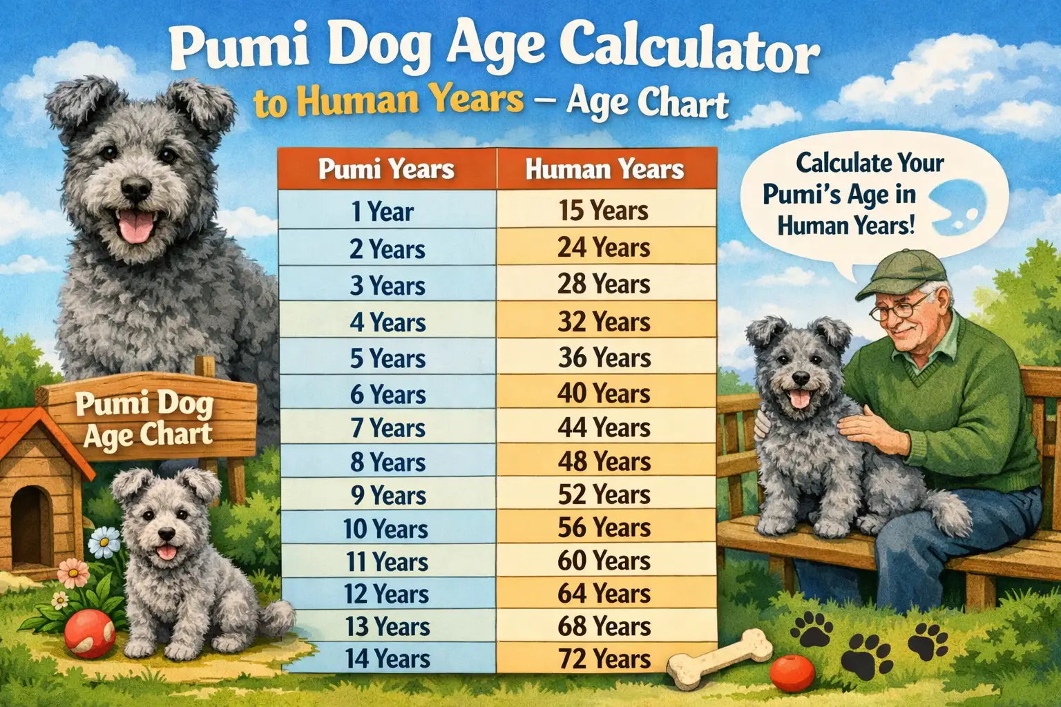 Pumi dog age chart showing Pumi years converted to human years across puppy, adult, mature adult, and senior life stages