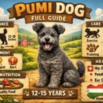 Pumi dog standing alert with curly coat, semi-erect ears, and energetic herding breed appearance