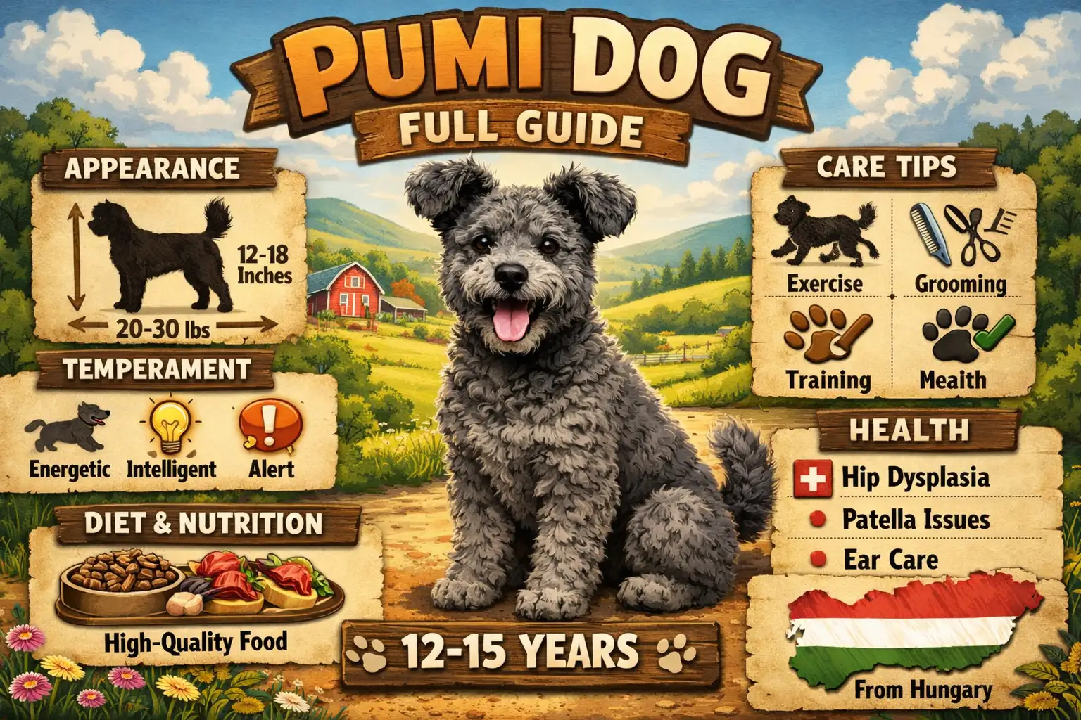 Pumi dog standing alert with curly coat, semi-erect ears, and energetic herding breed appearance