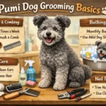 Pumi grooming at home showing an adult Pumi with a curly coat being gently brushed for coat care