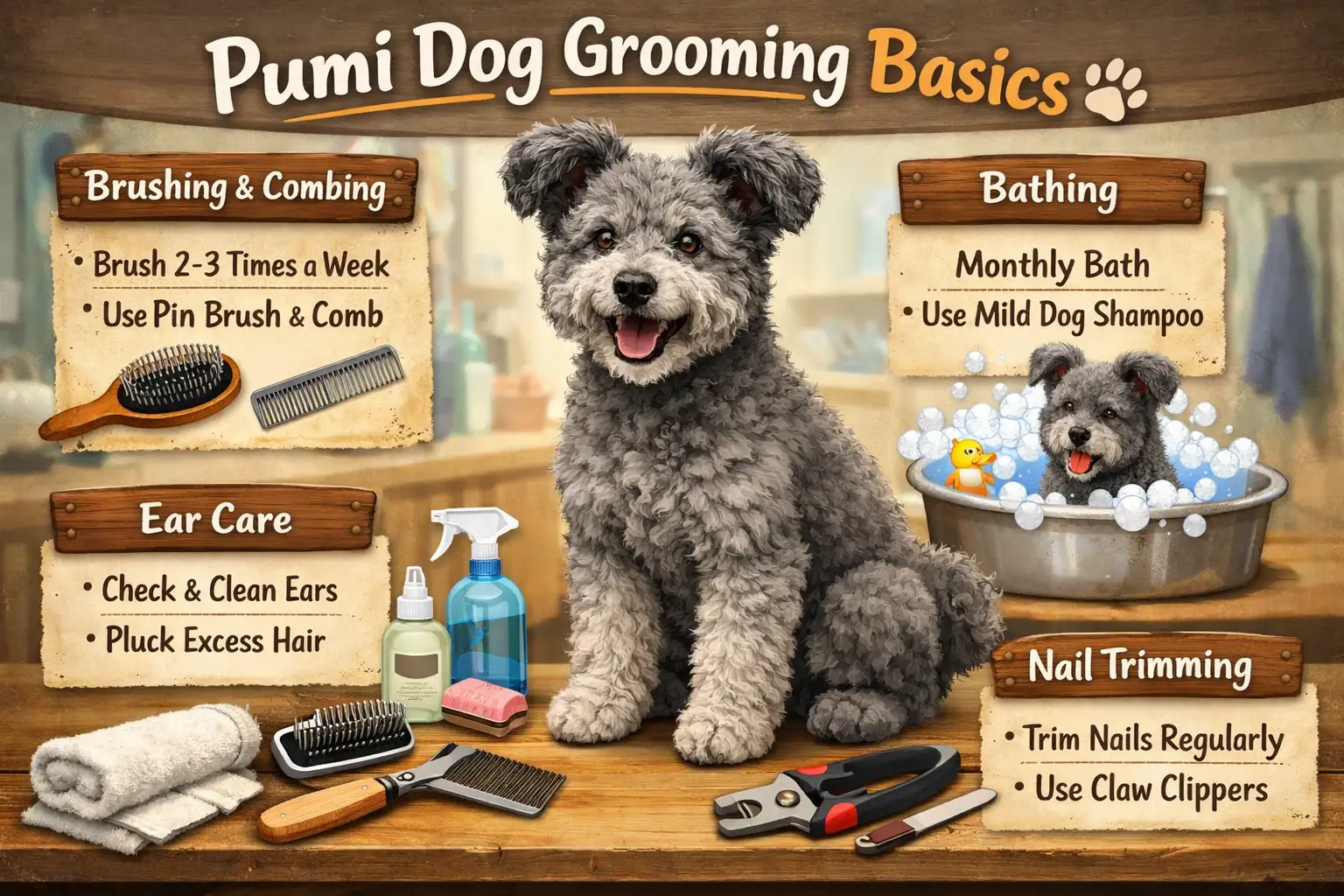 Pumi grooming at home showing an adult Pumi with a curly coat being gently brushed for coat care