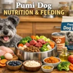 Adult Pumi dog eating a balanced meal for proper nutrition, healthy feeding, and daily energy support