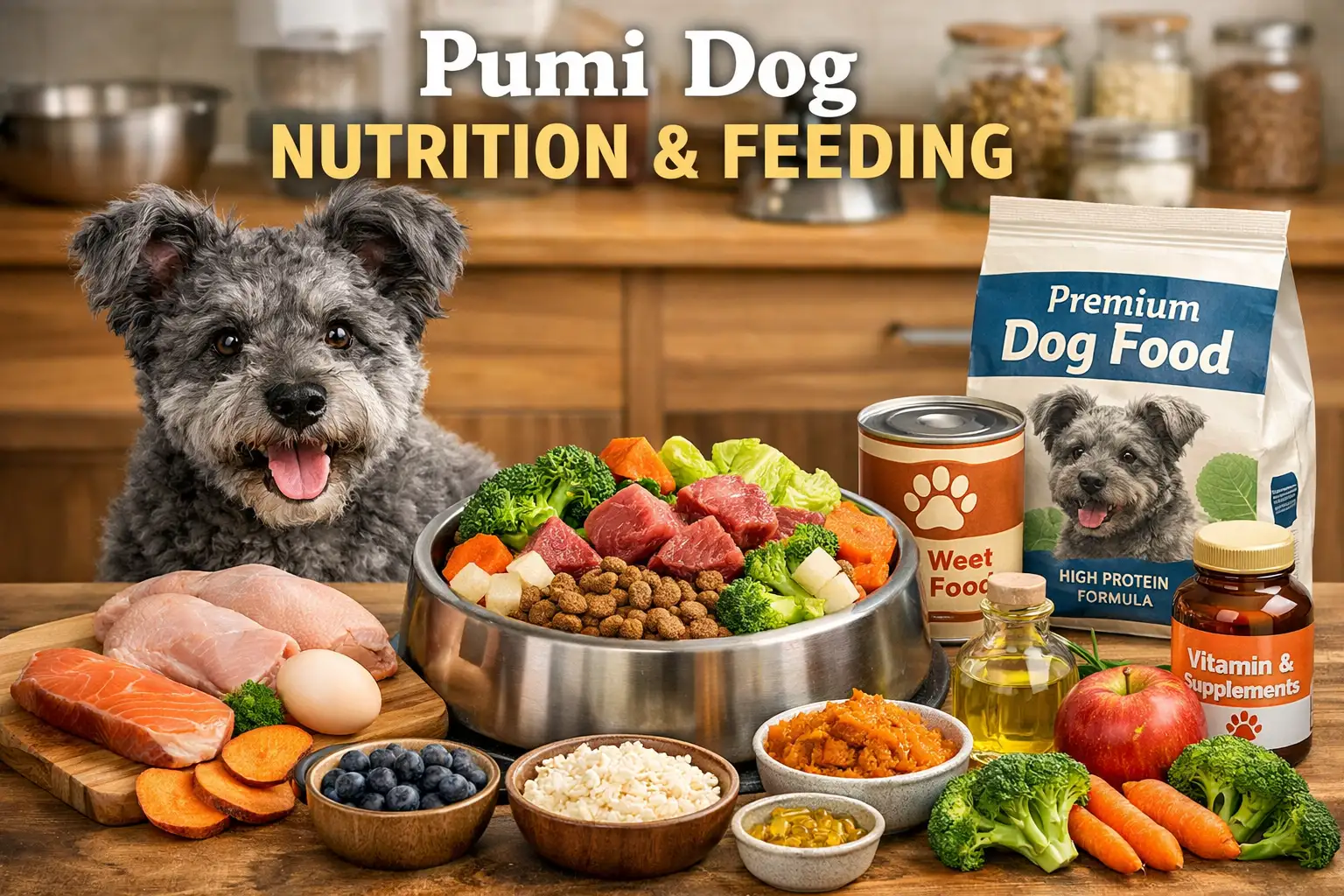 Adult Pumi dog eating a balanced meal for proper nutrition, healthy feeding, and daily energy support