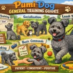 Pumi dog training session with an alert curly-coated Pumi learning basic commands at home